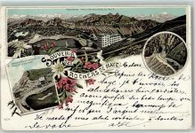 Rochers de Naye 1897 Gebrauchsspuren Panorama prise des Rochers de Naye Grand-Hotel des Rochers de Naye et le Sommet Bergbahn Lithographie