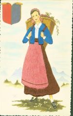 AK mit Stickerei Frau mit Rückentragekorb