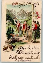 1898 Gebrauchsspuren Männer mit Kuhglocken in Tracht Edelweiss Lithographie Verlag Carl Künzli Nr. 1474 Stempeldurchschlag