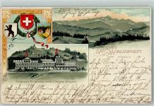 9104 Waldstatt 1903 Prägedruck Kuranstalt Morgenstern Hotel Pension Hirschen Wappen Lithographie