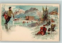 3818 Grindelwald Lithographie Gruss aus - - Wintersport, Schlitten, Schlittschuh, Verlag Müller & Trüb Nr. 58 AK