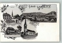 9507 Stettfurt BOAKC Lithographie Dorfplatz Schulhaus Kirche Gebrauchsspuren, bitte Scan genau beachten!