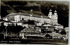 7180 Disentis Mustér 1952 Foto AK Bahnhof Eisenbahn Kloster