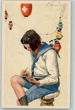 Mädchen Matrosenanzug Lampions Block Stift sign. Bundesfeier Ganzsachen Schweiz Künstlerkarte