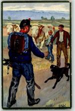 Künstlerkarte sign. Hodel, E. Soldat Kuh Hund