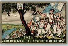 8247 Flurlingen Künstlerkarte Zürcher Kant. Turnfahrt Kohlfirst 1924 Turner Trommler Wappen