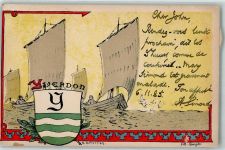 1400 Yverdon-les-Bains Gebrauchsspuren Segelboote Wappen sign E. D. Turrian Künstlerkarte