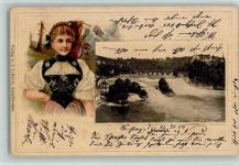 8200 Schaffhausen Sciaffusa 1904 Passepartout Prägedruck Frau Tracht Rheinfall Lithographie