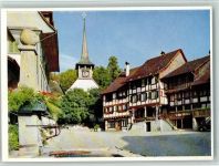 3177 Laupen BE - Ortsansicht mit Kirche Fachwerkhaus Brunnen Schweizer Wandkalender 1955 Foto Schellenberg