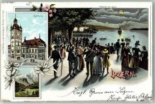 6000 Luzern Lucerne 1903 Lithographie Rathaus Abend am Quai Mondschein