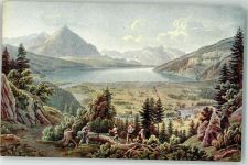 Interlaken Ansicht von Interlaken sign. G. Lory junior Nr. 76 Holzfäller Pro Juventute Schweiz Künstlerkarte