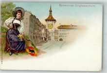 3000 Bern Berne Lithographie Tracht Bernerin am Zeitglockenturm