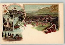 9470 Buchs SG Lithographie Schloss Städtchen Werdenberg Evangel. Pfarrkirche Buchs Bahnhof Buchs