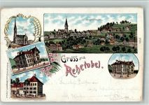 9038 Rehetobel 1899 BOAKC Lithographie Schulhaus Gupf Kirche Gebrauchsspuren, bitte Scan genau beachten!