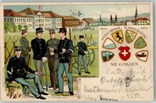 9000 St. Gallen S. Gallo 1899 Lithographie Uniform Kaserne Ostschweiz. Kadettentag Wappen Kantone