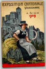 1950 Sion Sitten 1909 Gebrauchsspuren Kantonale Ausstellung Tracht Burg Lithographie