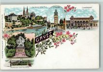 4000 Basel Bâle 1898 Lithographie Gruss aus - Bahnhof, Pferdebahn, sehr gute Erhaltung AK