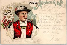 9053 Teufen AR 1899 Lithographie Tracht Pfeife Appenzellerland Ort lt. Stempel