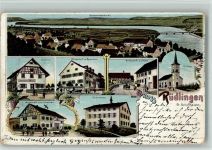 8455 Rüdlingen 1901 BOAKC Lithographie Consum Gasthaus Zum Rebstock Gasthaus Zur Stube Kirche GAsthaus Zum Hirschen Schulhaus Gebrauchsspuren, bitte Scan genau beachten!