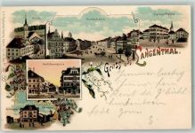 4900 Langenthal 1902 Lithographie Kirche Marktstrasse Viehmarktplatz Amtshausgasse Spitalgasse Bärengasse Verlag Künzli Nr 1448