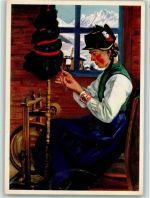 sign Karl Anneker - Mädchen am Spinnrad - Trachten - Spendenkarte Pro Infirmis Schweiz Künstlerkarte