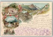 7435 Splügen 1897 Gebrauchsspuren Hotel Sodenhaus Lithographie