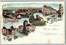 5200 Brugg AG 1900 Lithographie Schwarzer Turm Rathaus Habsburg Eidgenössisches Kriegs-Commisariat