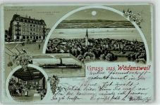 8820 Wädenswil 1898 Lithographie / Mondschein Postamt Hotel Kirche Dampfschiff