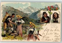 1900 Lithographie Souvenier aus den Alpen Pfeife Trachten