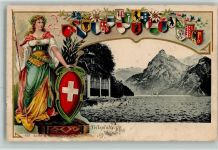 6452 Sisikon 1901 Passepartout Prägedruck Tellsplatte Helvetia Wappen Lithographie