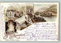 1890 St-Maurice 1908 BOAKC Lithographie Hotel Pension Grisogono Pont et Chateau Schloss Royale Abbaye Cascade de la Grotte des Fees Wasserfall