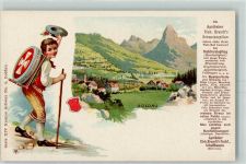 6410 Goldau Lithographie Mann Tracht Rückentragekorb Werbung Apotheker Rich. Brandts Schweizerpillen Serie XIV Kanton Schwyz Nr. 4