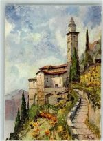 6922 Morcote Künstlerkarte sign. Gatteli, D. Kirche