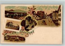 6340 Baar 1900 BOAKC Lithographie Spinnerei an der Lorze Protest. Kirche Bahnhof Kartonfabrik Postkutsche Tropfsteingrotte in der Hölle Verlag Künzli Nr 1643