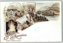 1890 St-Maurice Lithographie Hotel Pension Grisogono Pont et Chateau de St. Maurice Royale Abbaye