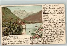 Chillon Chateau 1902 Gebrauchsspuren Lithographie Segelschiffe