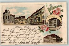 8570 Weinfelden 1902 Lithographie Rathausplatz Thurgauer Kantonal Bank Schulhaus