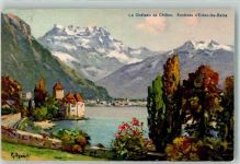 Chillon Chateau Künstlerkarte sign. Djakels Umgebung von Evian-les Bains