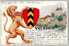 2042 Valangin 1904 Lithographie Löwe Wappen Kirche Bahnpost Nr. 10