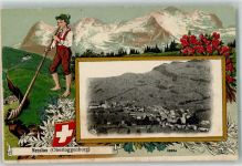 9650 Nesslau Prägedruck Tracht Alphorn Lithographie