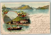 6900 Paradiso 1898 Gebrauchsspuren Hotel Reichmann au Lac Ruderboot Lithographie