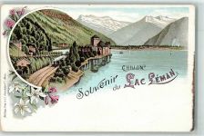 Chillon Chateau Lithographie Lac du Leman Eisenbahn Dampflok