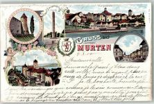 3280 Murten Morat 1900 Lithographie Obelisk Raddampfer Chateau Schloss Engel