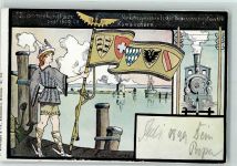 8590 Romanshorn 1899 Künstlerkarte 7. Zusammenkunft des Verkehrspersonals der Bodenseeuferstaaten Fahnenträger Dampflokomotive sign