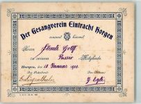 8810 Horgen 1901 KEINE AK Mitgliedskarte der Gesangsverein Entracht Horgen