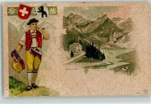 9057 Schwende Gebrauchsspuren Mann in Tracht und Kuhglocke Prägedruck