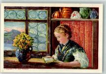 8805 Richterswil Künstlerkarte sign. Stutz Lesende Frau Tracht Blumenstrauss