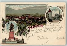 1400 Yverdon-les-Bains 1902 Gebrauchsspuren Place Pestalozzi Kirche Monument Denkmal Lithographie