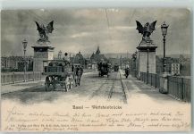 4000 Basel Bâle 1905 Gebrauchsspuren Wettsteinbrücke Pferdekutschen Straßenbahn