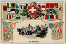 1824 Caux 1908 Prägedruck Palace Hotel Wappen Eichenblatt Horn Schleife Kranz Blumen Briefmarkenabbildungen